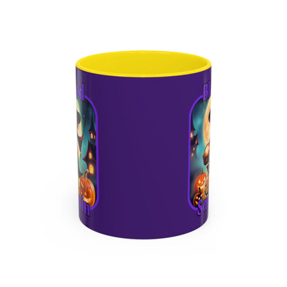 Blessed Samhain Little Witch Purple font Purple Accent Mug by CreepyCrafts.boo