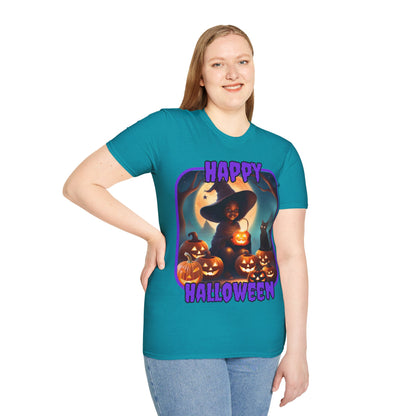 Happy Halloween Cute Witch Purple font Dark colors Unisex T-Shirt by CreepyCrafts.boo