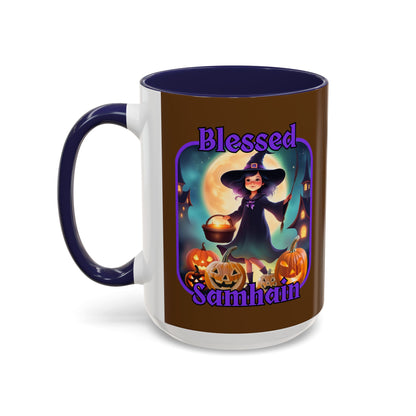 Blessed Samhain Little Witch Purple font Brown Accent Mug by CreepyCrafts.boo
