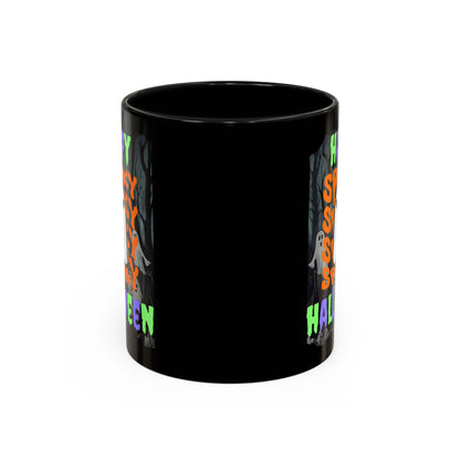 Spooky Happy Halloween Ghost Mixed font Black Accent Mug by CreepyCrafts.boo