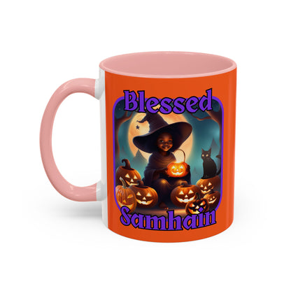 Blessed Samhain Cute Witch Purple font Orange Accent Mug by CreepyCrafts.boo