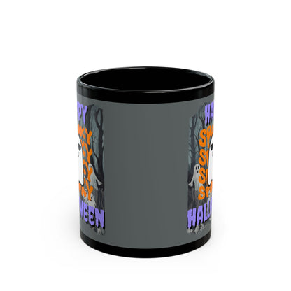 Spooky Happy Halloween Ghost Purple font Grey Mug by CreepyCrafts.boo