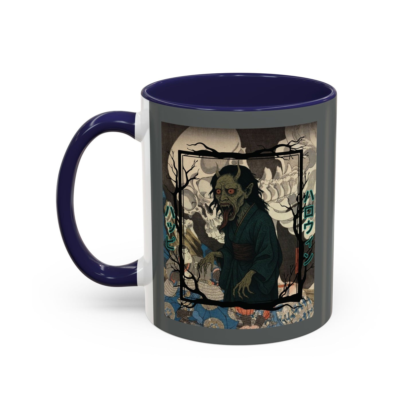 Yōkai Happy Halloween Grey Accent Mug by CreepyCrafts.boo
