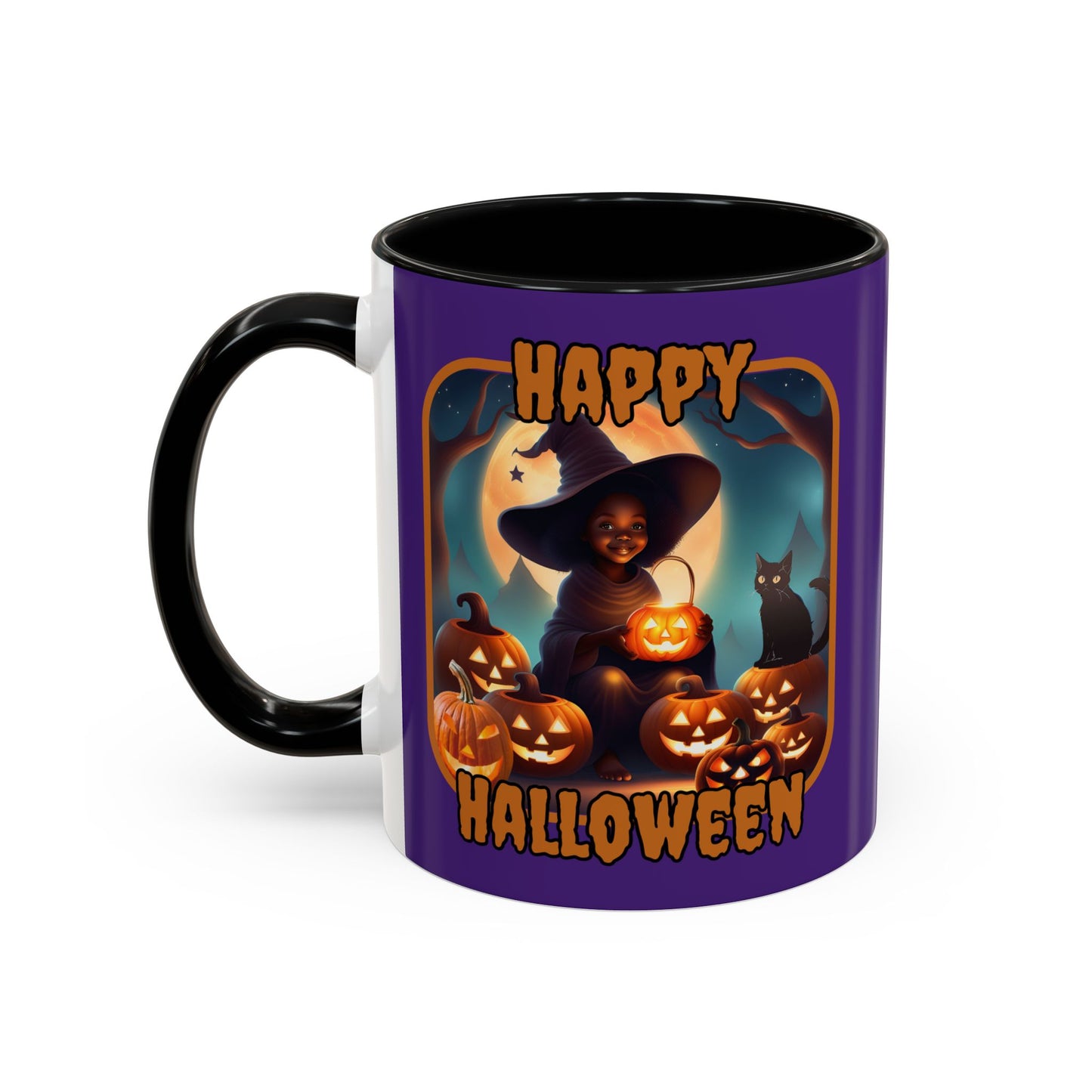 Happy Halloween Cute Witch Orange font Purple Accent Mug by CreepyCrafts.boo