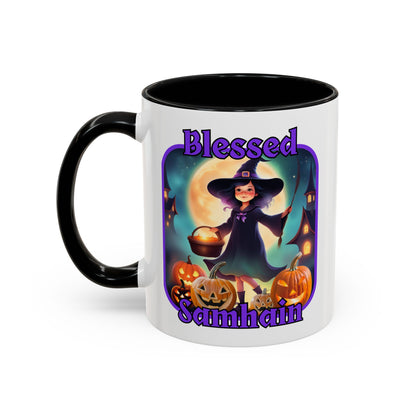 Blessed Samhain Little Witch Purple font White Accent Mug by CreepyCrafts.boo