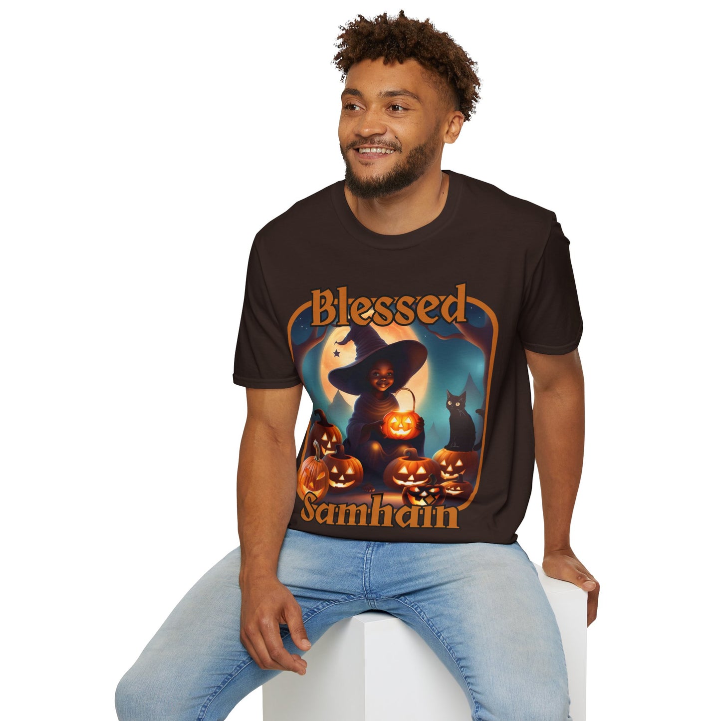 Blessed Samhain Cute Witch Orange font Dark colors Unisex T-Shirt by CreepyCrafts.boo