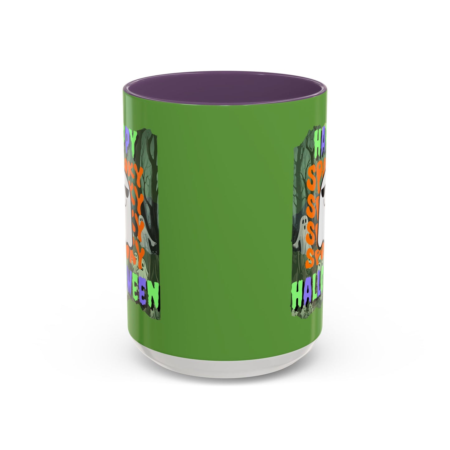 Spooky Happy Halloween Ghost Mixed font Green Accent Mug by CreepyCrafts.boo