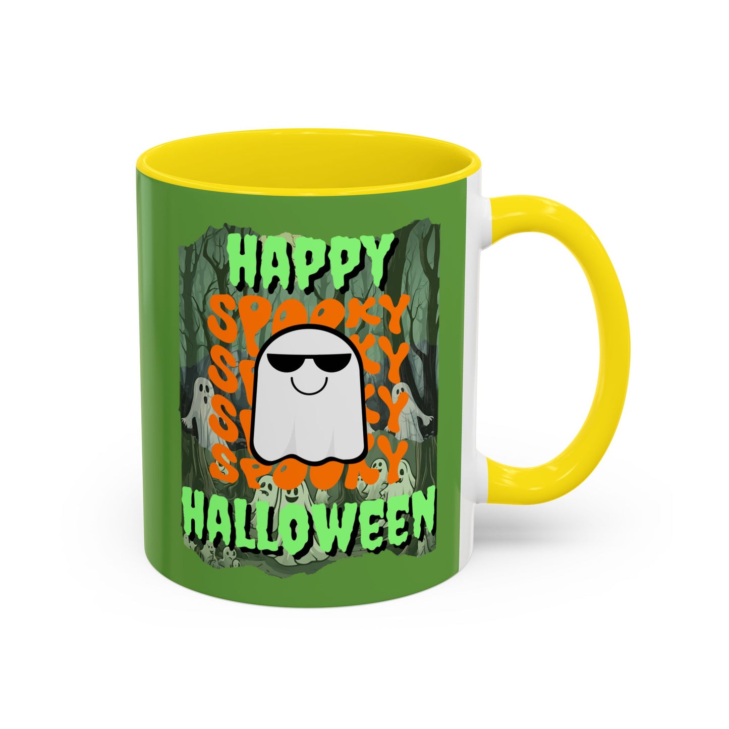Spooky Happy Halloween Ghost Green font Green Accent Mug by CreepyCrafts.boo