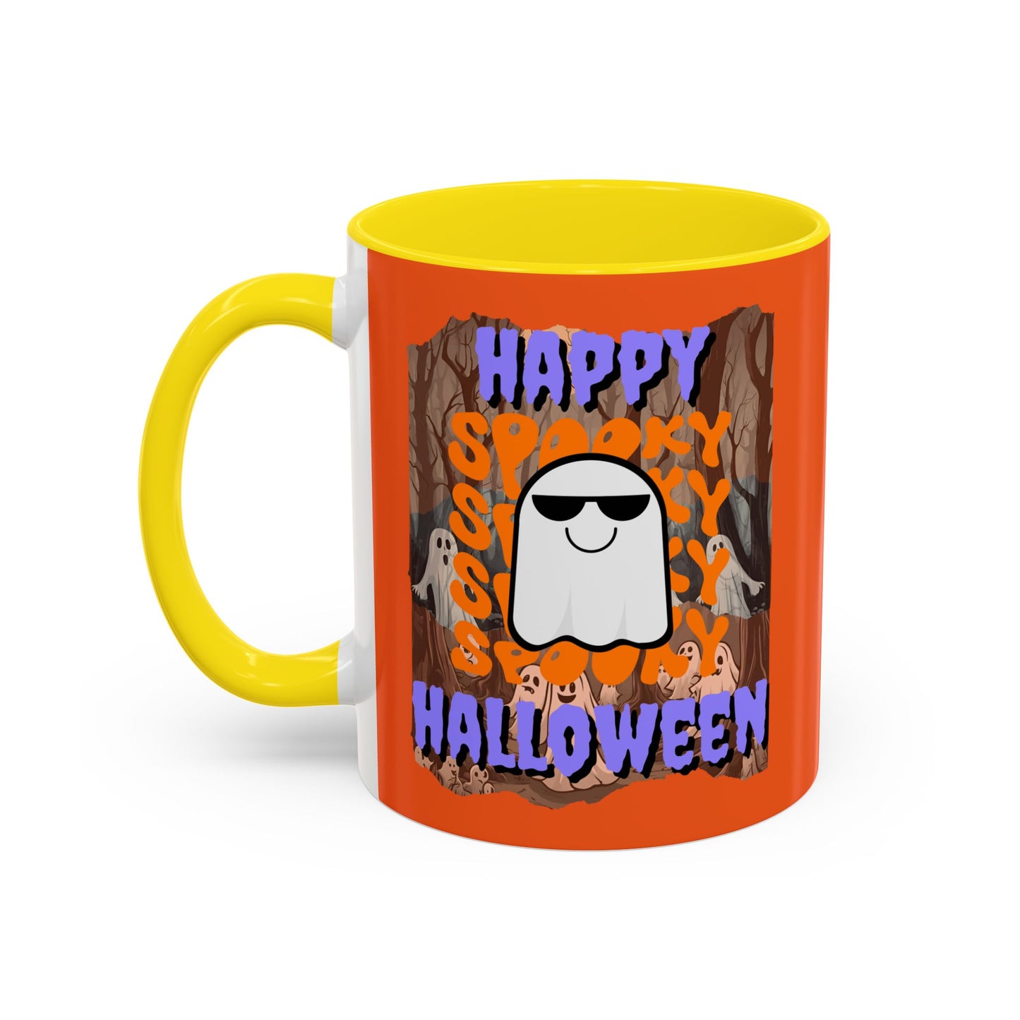 Spooky Happy Halloween Ghost Purple font Orange Accent Mug by CreepyCrafts.boo
