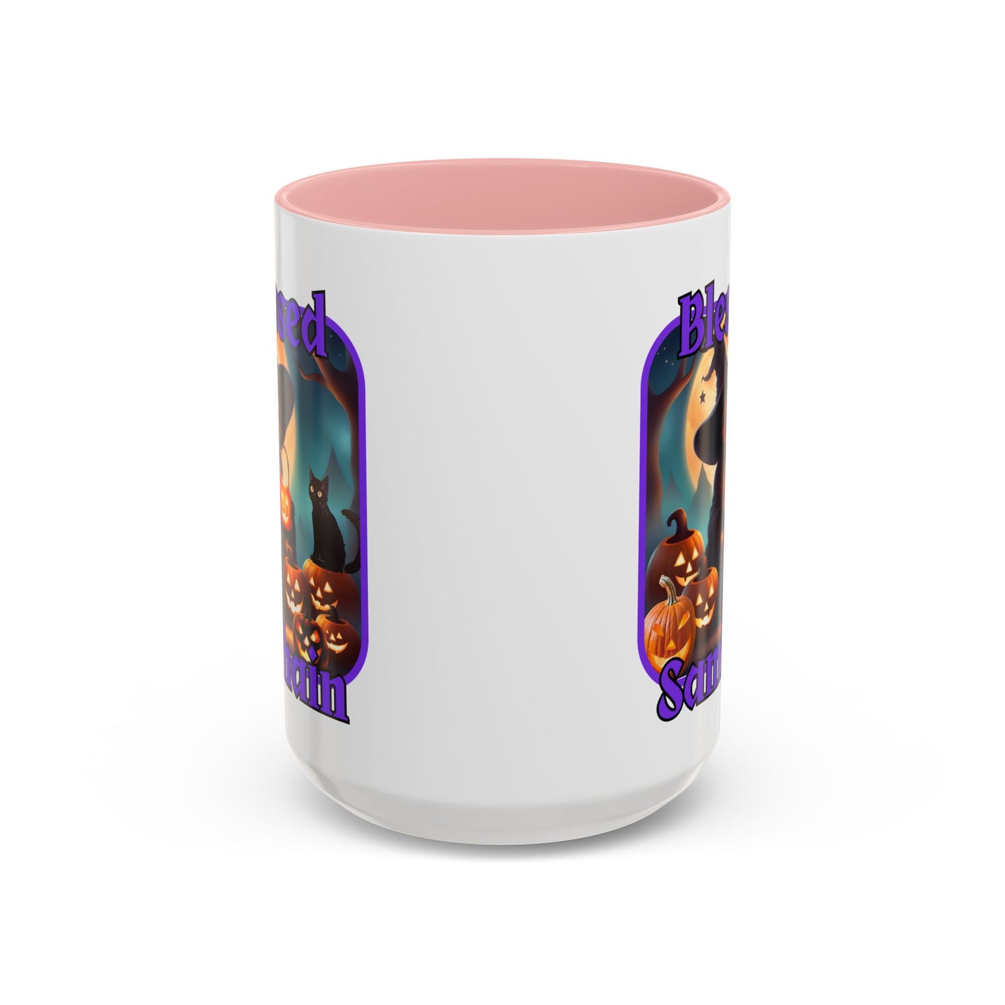 Blessed Samhain Cute Witch Purple font White Accent Mug by CreepyCrafts.boo