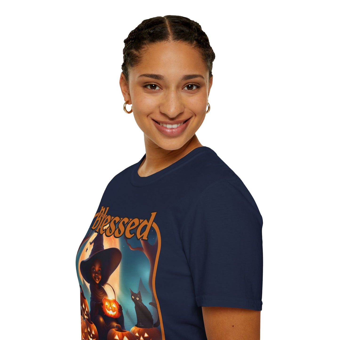 Blessed Samhain Cute Witch Orange font Dark colors Unisex T-Shirt by CreepyCrafts.boo