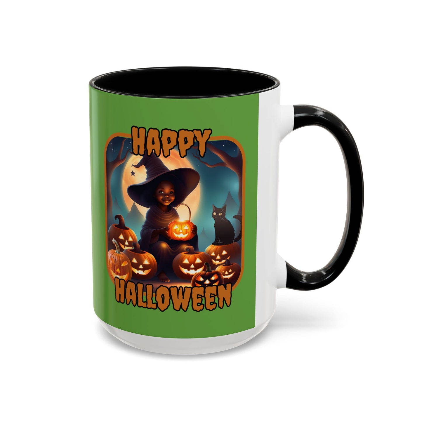 Happy Halloween Cute Witch Orange font Green Accent Mug by CreepyCrafts.boo