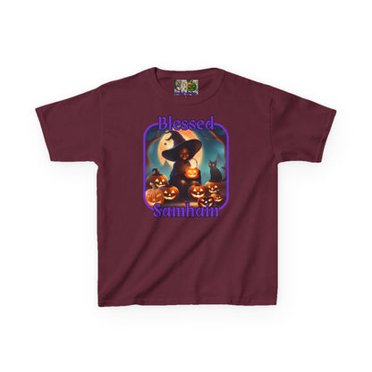 Blessed Samhain Cute Witch Purple font Kids Heavy Cotton™ Tee by CreepyCrafts.boo