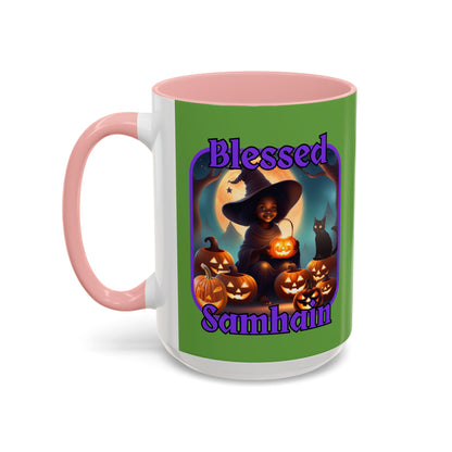 Blessed Samhain Cute Witch Purple font Green Accent Mug by CreepyCrafts.boo