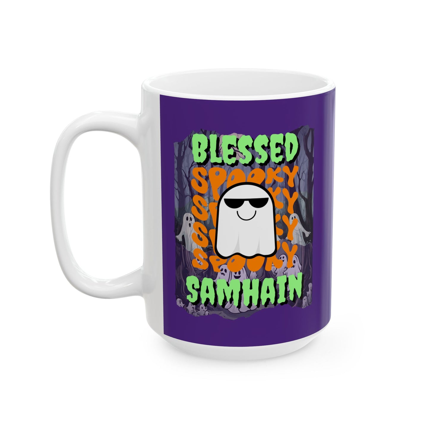 Spooky Blessed Samhain Ghost Green font Purple Mug by CreepyCrafts.boo