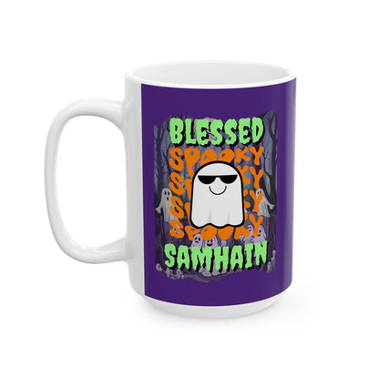 Spooky Blessed Samhain Ghost Green font Purple Mug by CreepyCrafts.boo