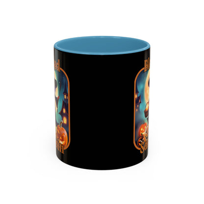 Blessed Samhain Little Witch Orange font Black Accent Mug by CreepyCrafts.boo