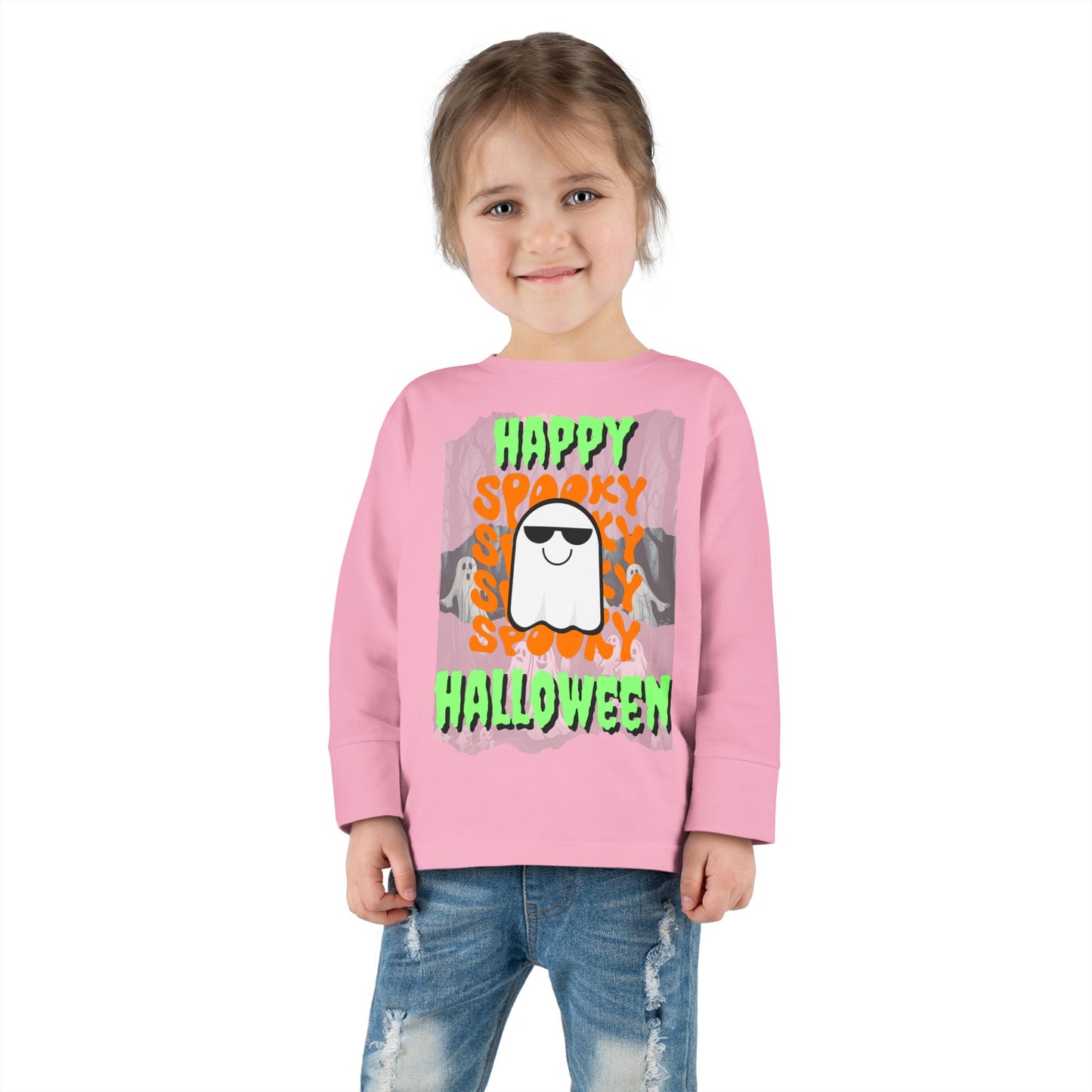 Spooky Happy Halloween Ghost Green font Toddler Long Sleeve Tee by CreepyCrafts.boo