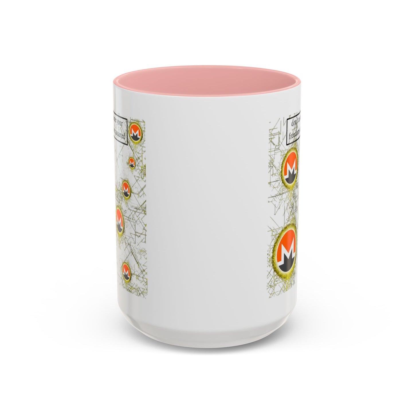 Monero (XMR) don't assume your freedoms are assured White Accent Mug by cypherpunkgear.com