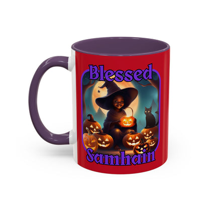 Blessed Samhain Cute Witch Purple font Red Accent Mug by CreepyCrafts.boo