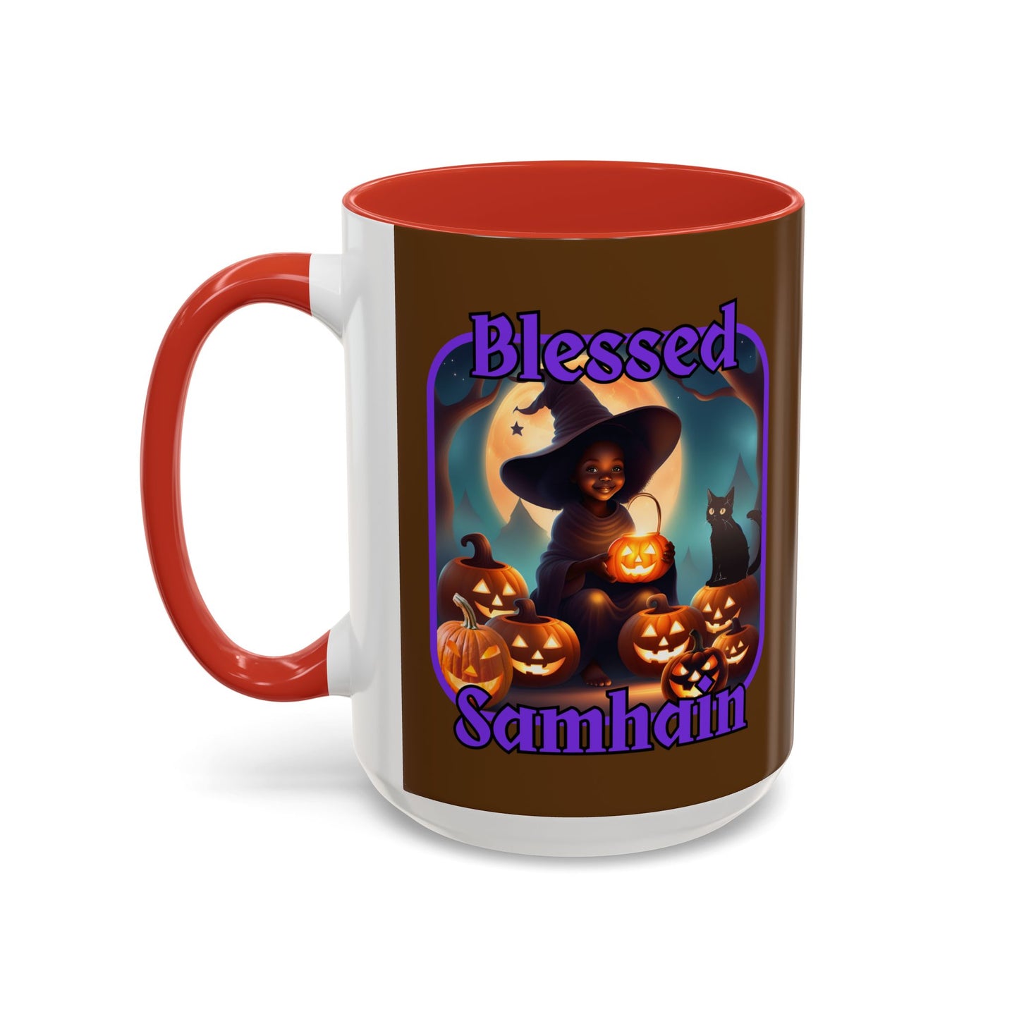 Blessed Samhain Cute Witch Purple font Brown Accent Mug by CreepyCrafts.boo
