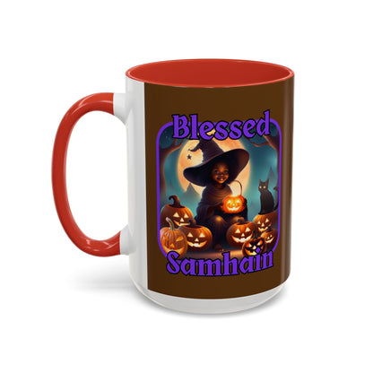 Blessed Samhain Cute Witch Purple font Brown Accent Mug by CreepyCrafts.boo