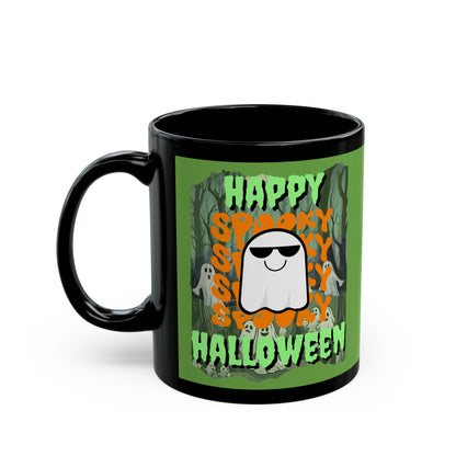 Spooky Happy Halloween Ghost Green font Green Mug by CreepyCrafts.boo