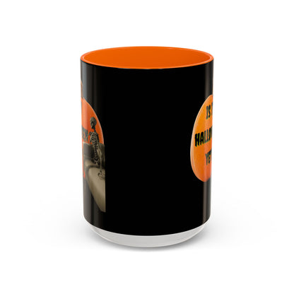 Is it Halloween yet? Skeleton's Giant Pumpkin Black Accent Mug by CreepyCrafts.boo
