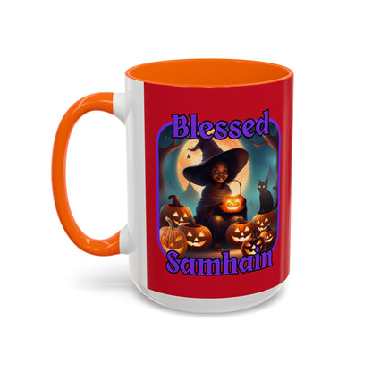 Blessed Samhain Cute Witch Purple font Red Accent Mug by CreepyCrafts.boo