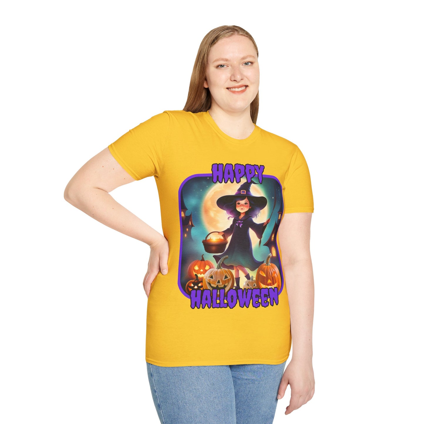 Happy Halloween Little Witch Purple font, Light colors, Unisex T-Shirt by CreepyCrafts.boo