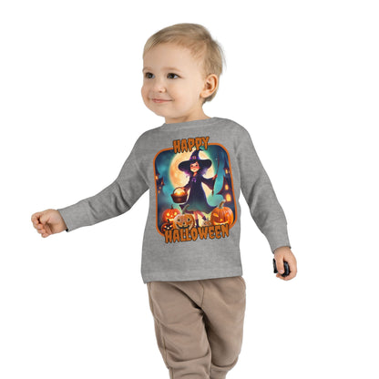Happy Halloween Little Witch Orange font Toddler Long Sleeve Tee by CreepyCrafts.boo