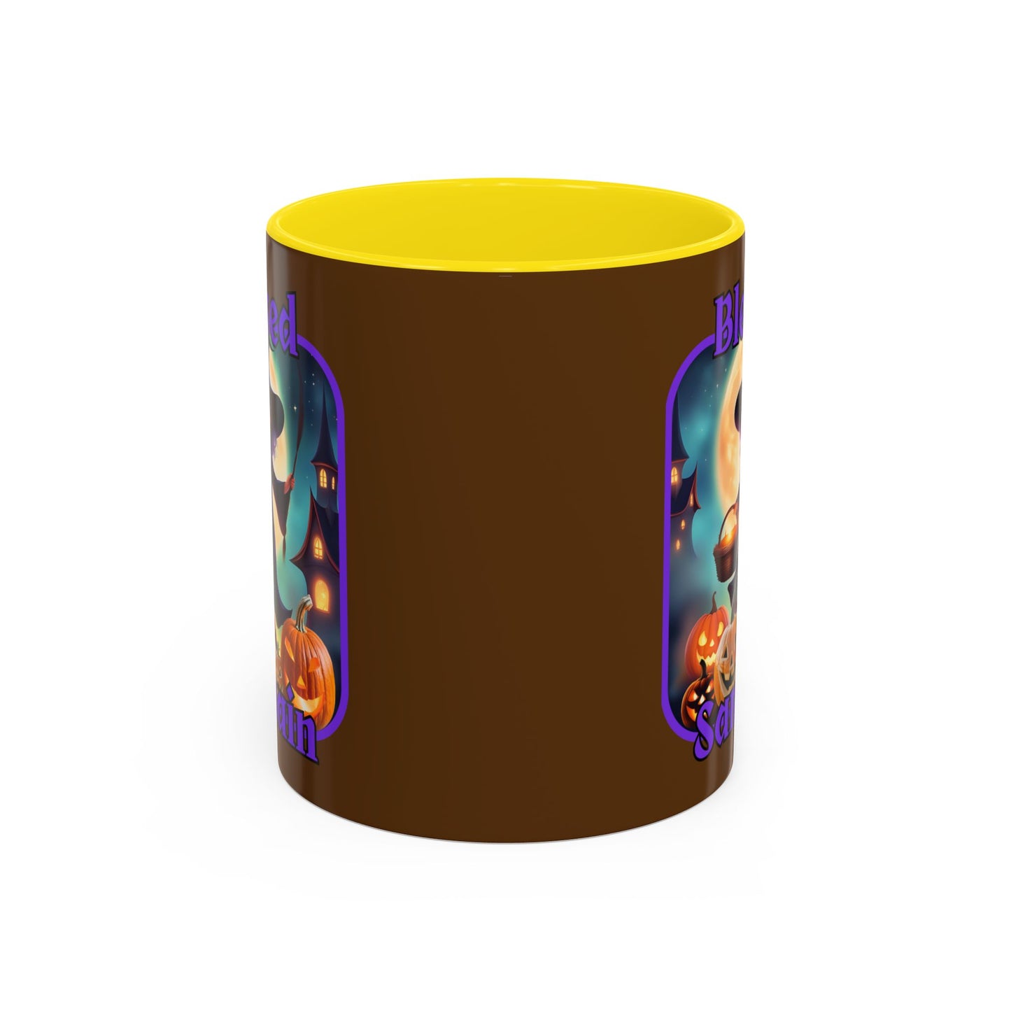 Blessed Samhain Little Witch Purple font Brown Accent Mug by CreepyCrafts.boo