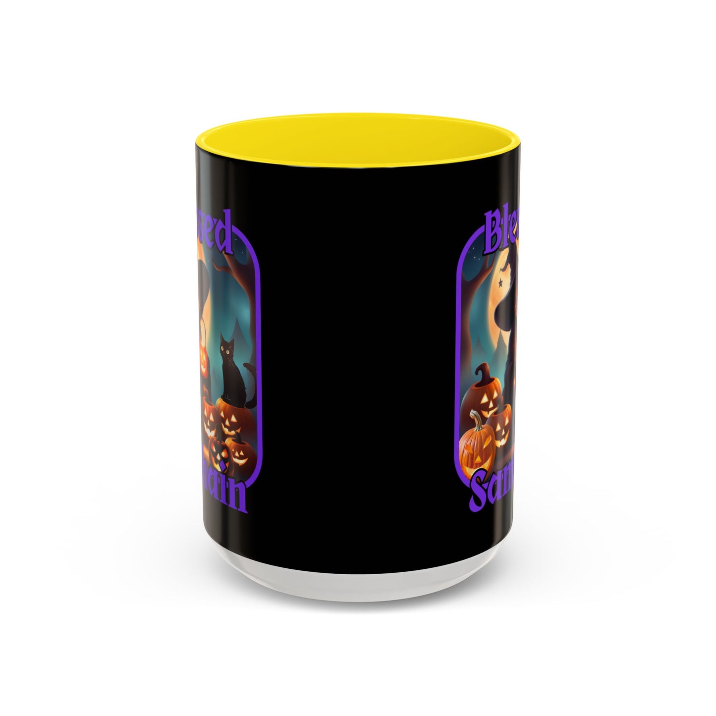 Blessed Samhain Cute Witch Purple font Black Accent Mug by CreepyCrafts.boo