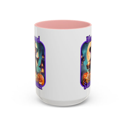 Blessed Samhain Little Witch Purple font White Accent Mug by CreepyCrafts.boo