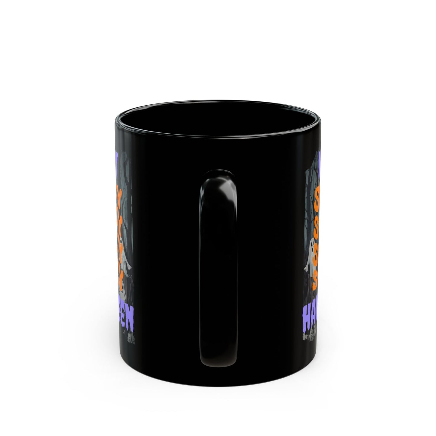 Spooky Happy Halloween Ghost Purple font Black Mug by CreepyCrafts.boo