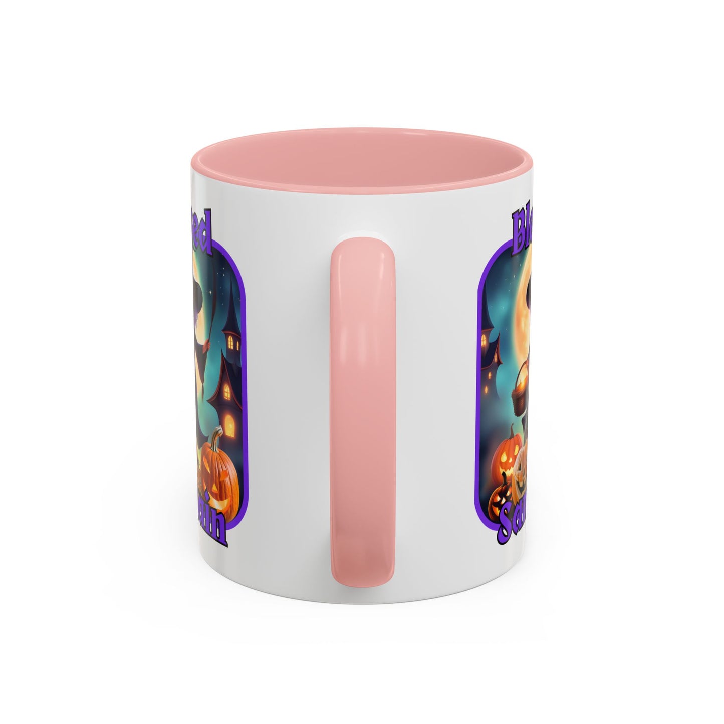 Blessed Samhain Little Witch Purple font White Accent Mug by CreepyCrafts.boo