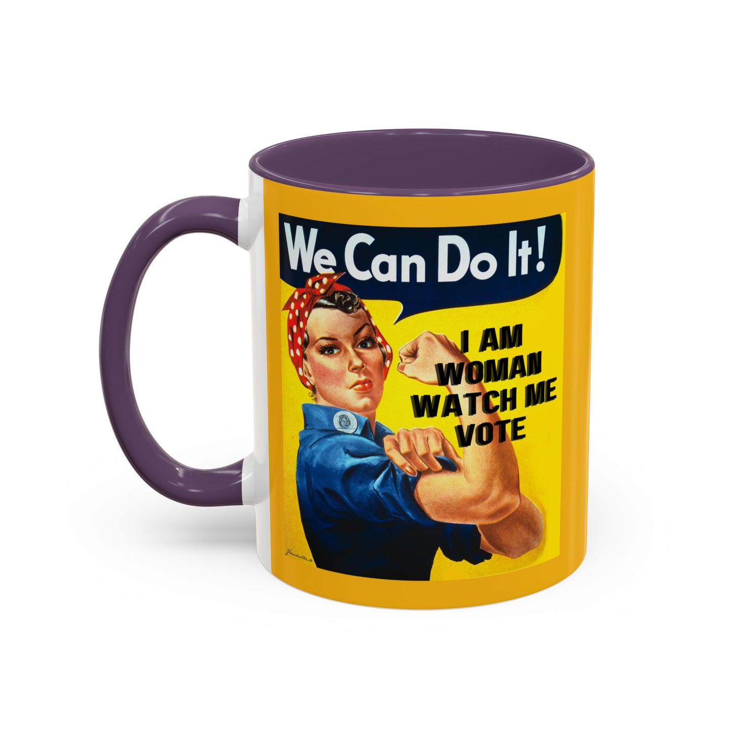 I Am Woman Watch Me Vote Rosie Yellow Accent Mug by cypherpunkgear.com
