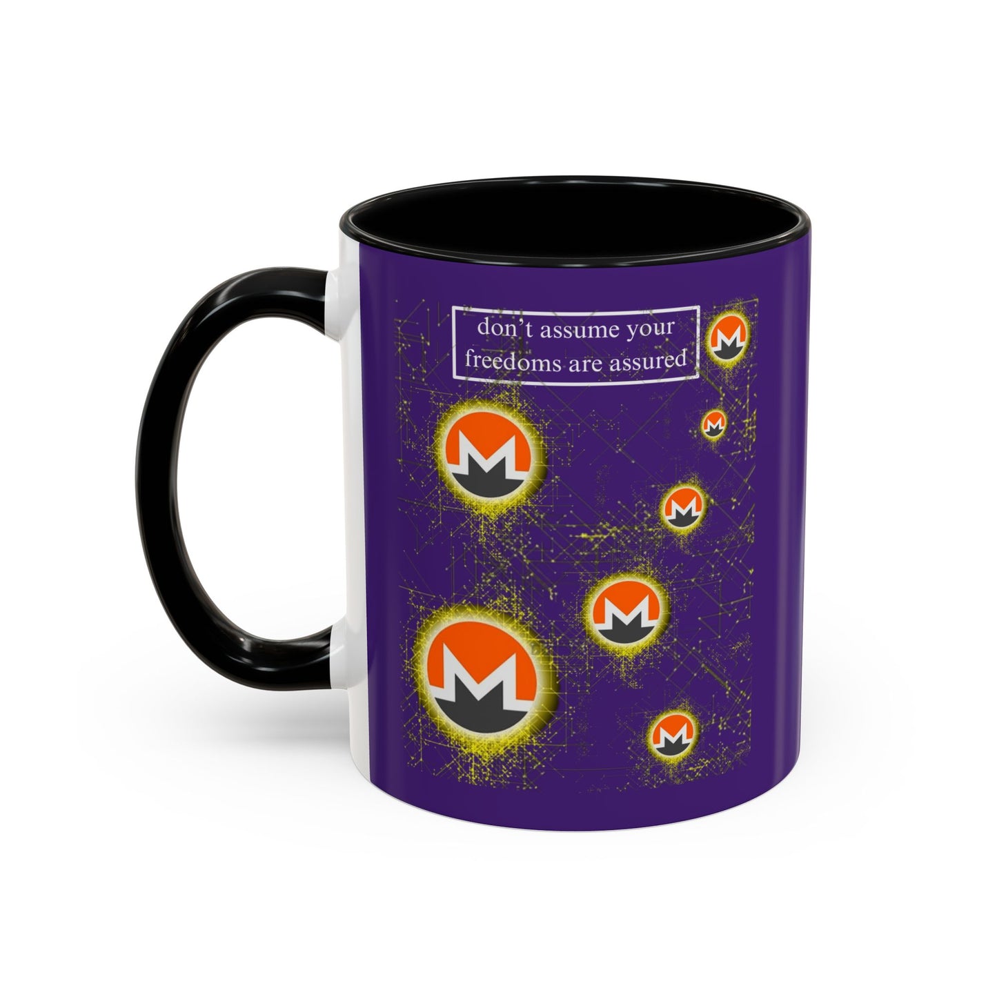 Monero (XMR) don't assume your freedoms are assured Purple Accent Mug by cypherpunkgear.com