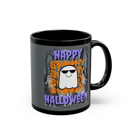 Spooky Happy Halloween Ghost Purple font Grey Mug by CreepyCrafts.boo