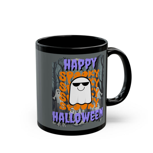 Spooky Happy Halloween Ghost Purple font Grey Mug by CreepyCrafts.boo