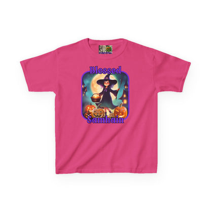 Blessed Samhain Little Witch Purple font Kids Heavy Cotton™ Tee by CreepyCrafts.boo
