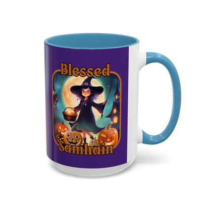 Blessed Samhain Little Witch Orange font Purple Accent Mug by CreepyCrafts.boo