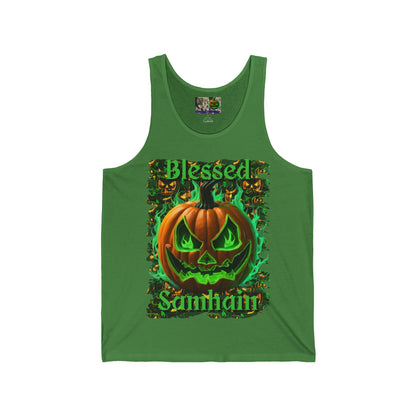 Blessed Samhain Green Jack Unisex Jersey Tank Top by CreepyCrafts.boo
