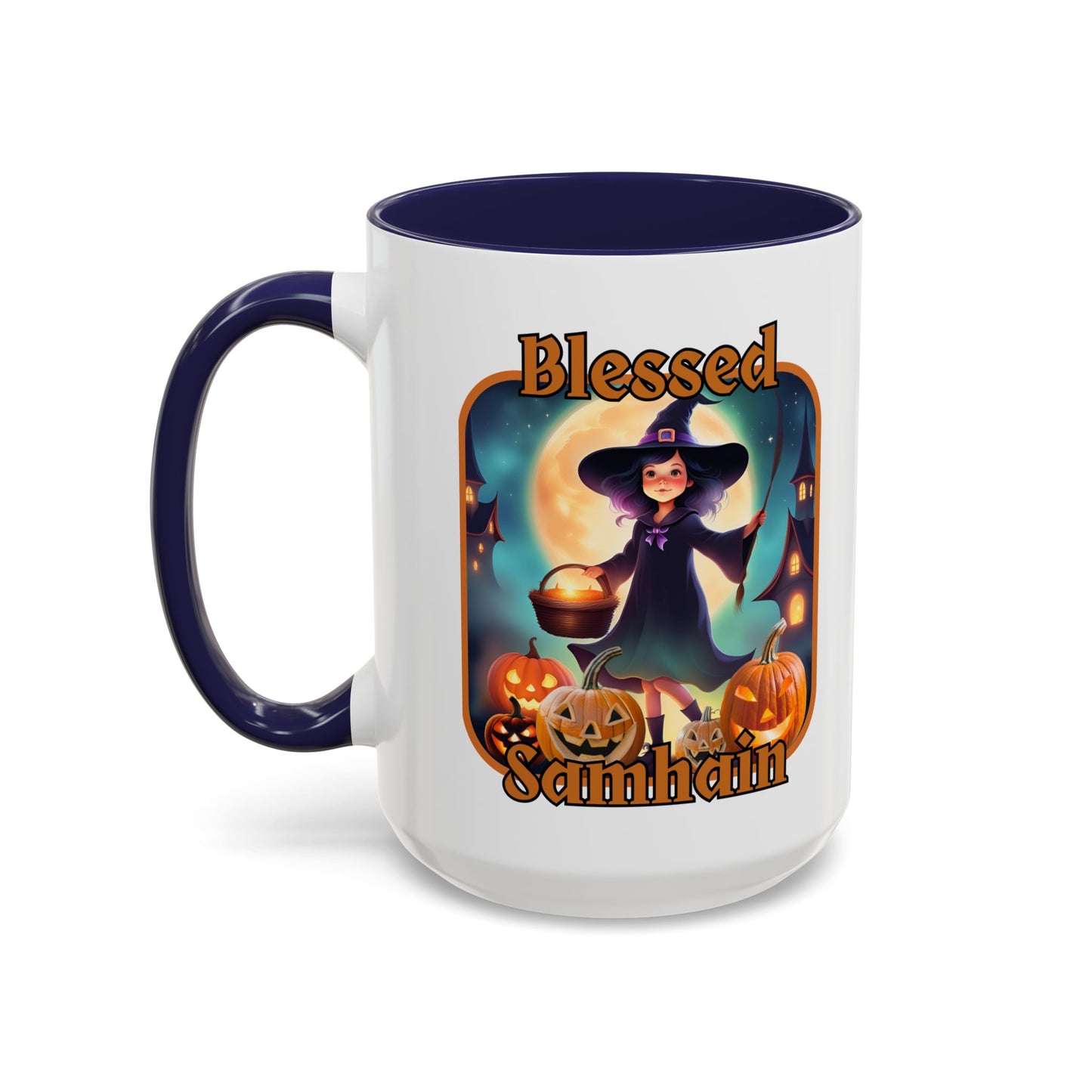Blessed Samhain Little Witch Orange font White Accent Mug by CreepyCrafts.boo