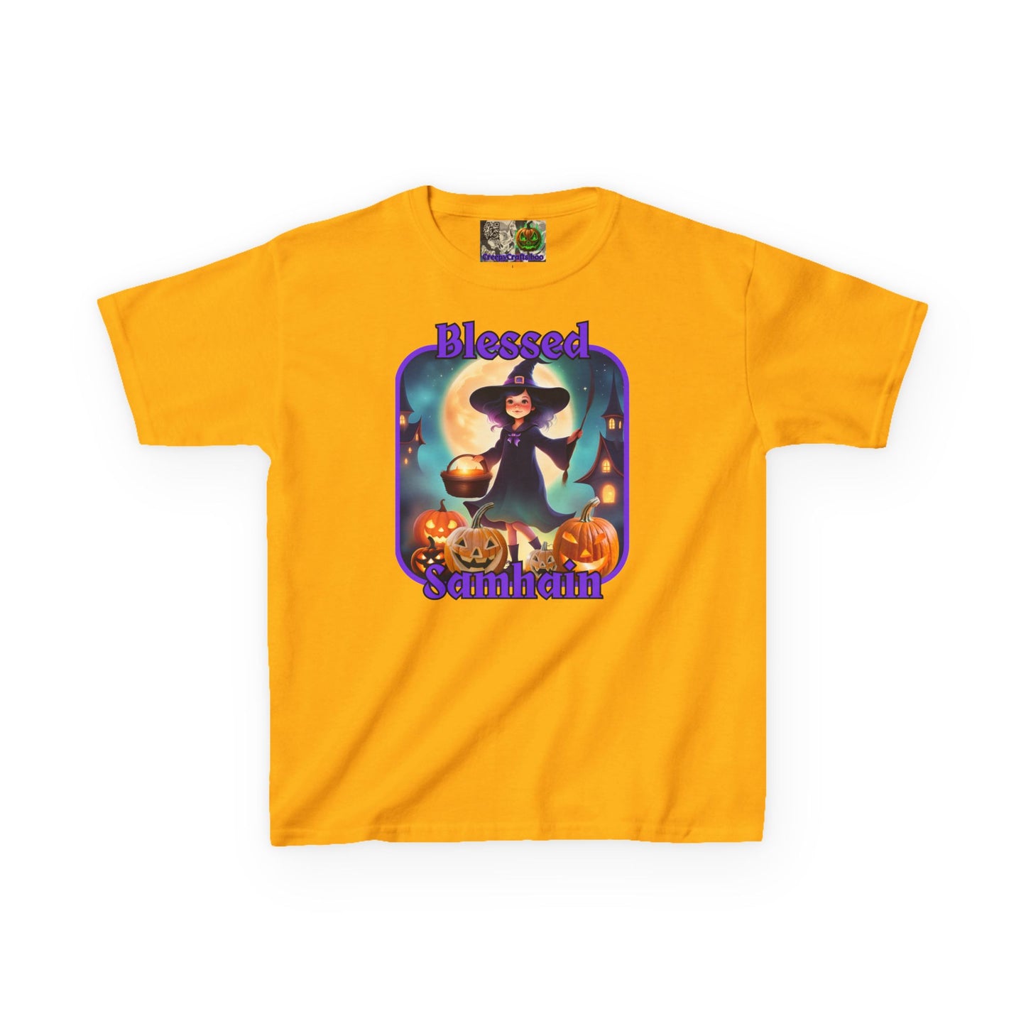 Blessed Samhain Little Witch Purple font Kids Heavy Cotton™ Tee by CreepyCrafts.boo