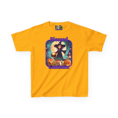 Blessed Samhain Little Witch Purple font Kids Heavy Cotton™ Tee by CreepyCrafts.boo