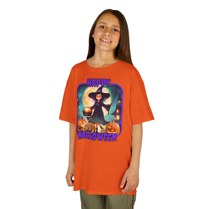 Happy Halloween Little Witch Purple font Kids Heavy Cotton™ Tee by CreepyCrafts.boo