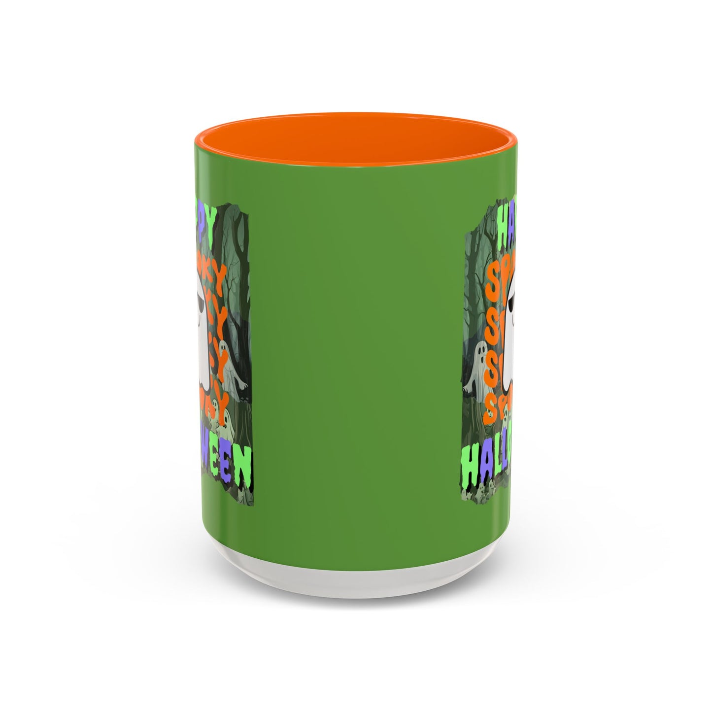 Spooky Happy Halloween Ghost Mixed font Green Accent Mug by CreepyCrafts.boo