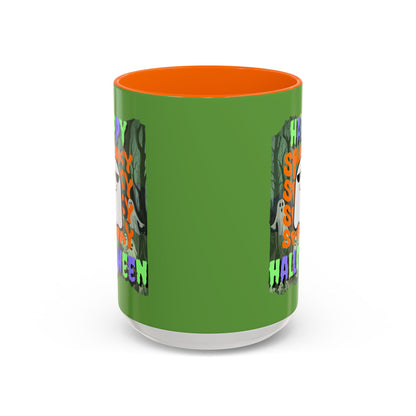 Spooky Happy Halloween Ghost Mixed font Green Accent Mug by CreepyCrafts.boo