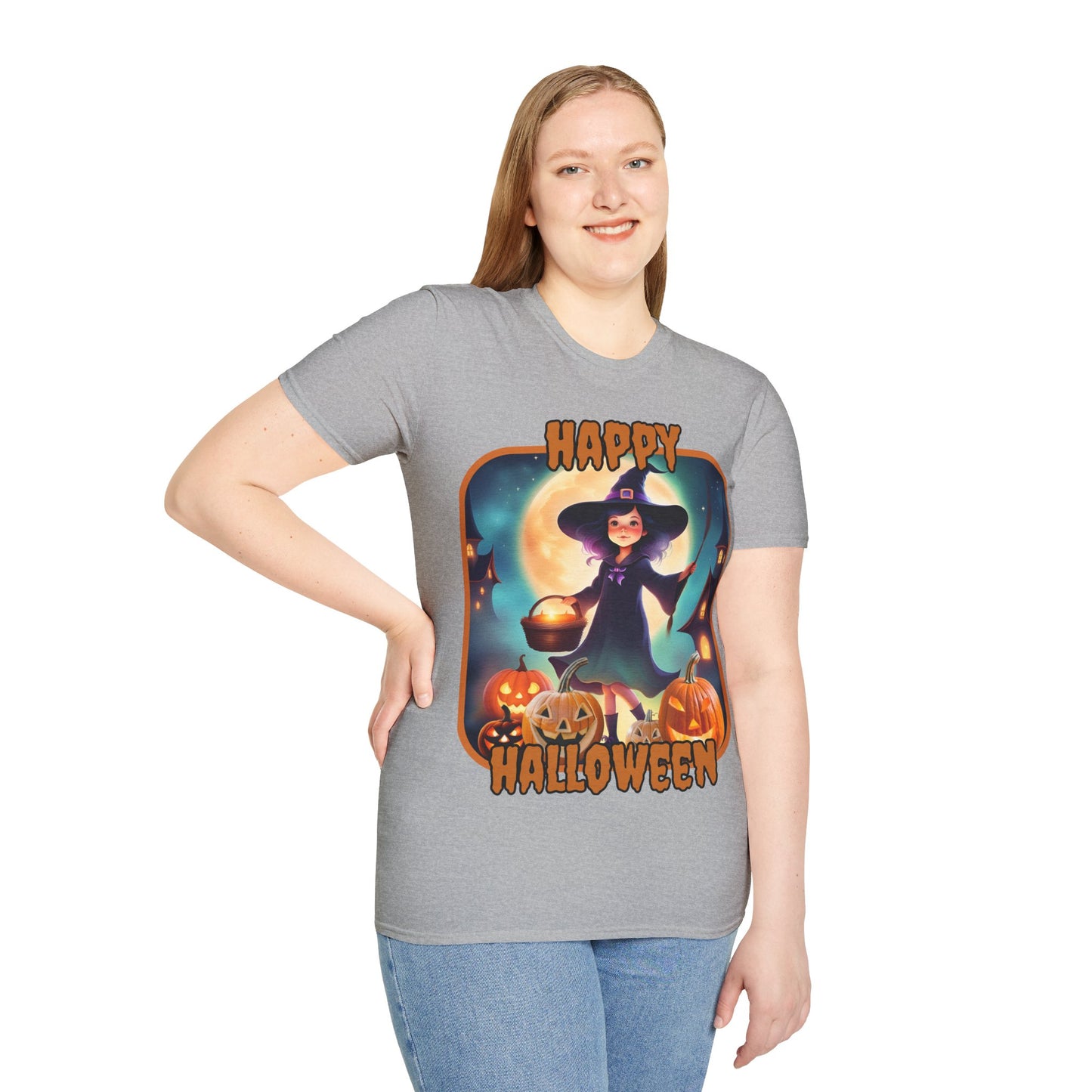 Happy Halloween Little Witch Orange font, Light colors, Unisex T-Shirt by CreepyCrafts.boo